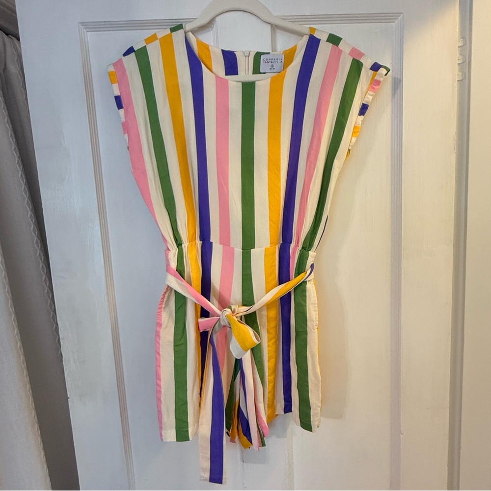 Multicolor Striped Tie-Waist Romper in Pink, Green & Yellow